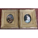 Pair of gilt framed oval porcelain miniatures, one depicting semi nude lady, the other of boys and