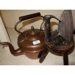 Acorn finial copper kettle, small stool on turned supports and carved top, and a flat iron