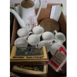 Six place coffee service, blue & white and other ceramics, Matchbox cars etc in two boxes