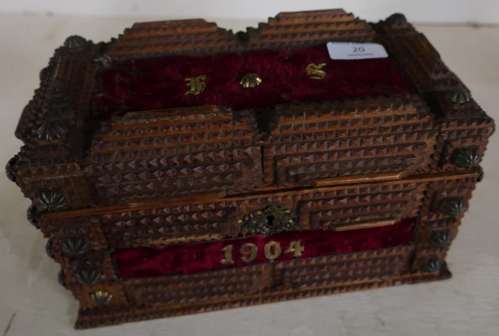 Unusual folk art wooden casket with hinged top and mirrored interior, with inset 1904 date (28cm x