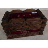 Unusual folk art wooden casket with hinged top and mirrored interior, with inset 1904 date (28cm x