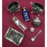 Birmingham silver hallmarked matchbox cover, pair of silver Art Nouveau style salts, scent bottle