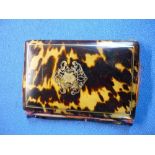 19th C Tortoiseshell and yellow metal inlaid folding card case with silk lined interior, with