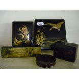 Early 20th C Japanese lacquered box with lift off top gilt landscape & goose scene and red interior,