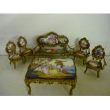Continental miniature gilt metal and porcelain furniture set comprising of rectangular musical table