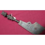 Bronze African fertility knife with 8 1/2 inch broad cleaver type blade, the grip in the form of a