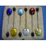 Cased set of six Birmingham 1936 silver gilt & enamel coffee bean spoons