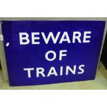 Rectangular blue & white enamel Beware Of Trains sign (68.5cm x 48.5cm)