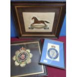 Group of three framed and mounted embroidered regimental crests including Royal Corps of Signals,