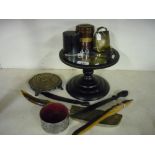 Collection of various assorted items including a vintage brush corkscrew, ebonised mirrored stand,