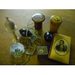 Selection of various assorted Mauchline ware including Tody glass in case, marquetry top nut grater,