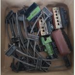 Box of various pre-war O gauge Hornby railway including engine, tender, Pullman carriages etc