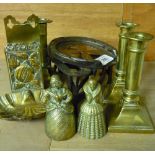 Pair of early 19th C candle sticks and other brassware (9)