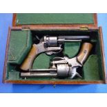 Mahogany cased pair of Belgium pin fire six shot revolvers with 3 1/2 inch octagonal barrels,