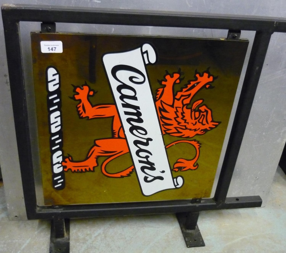 Twin sided Camerons Beer advertising sign with wall mounting brackets (59cm x 62cm including
