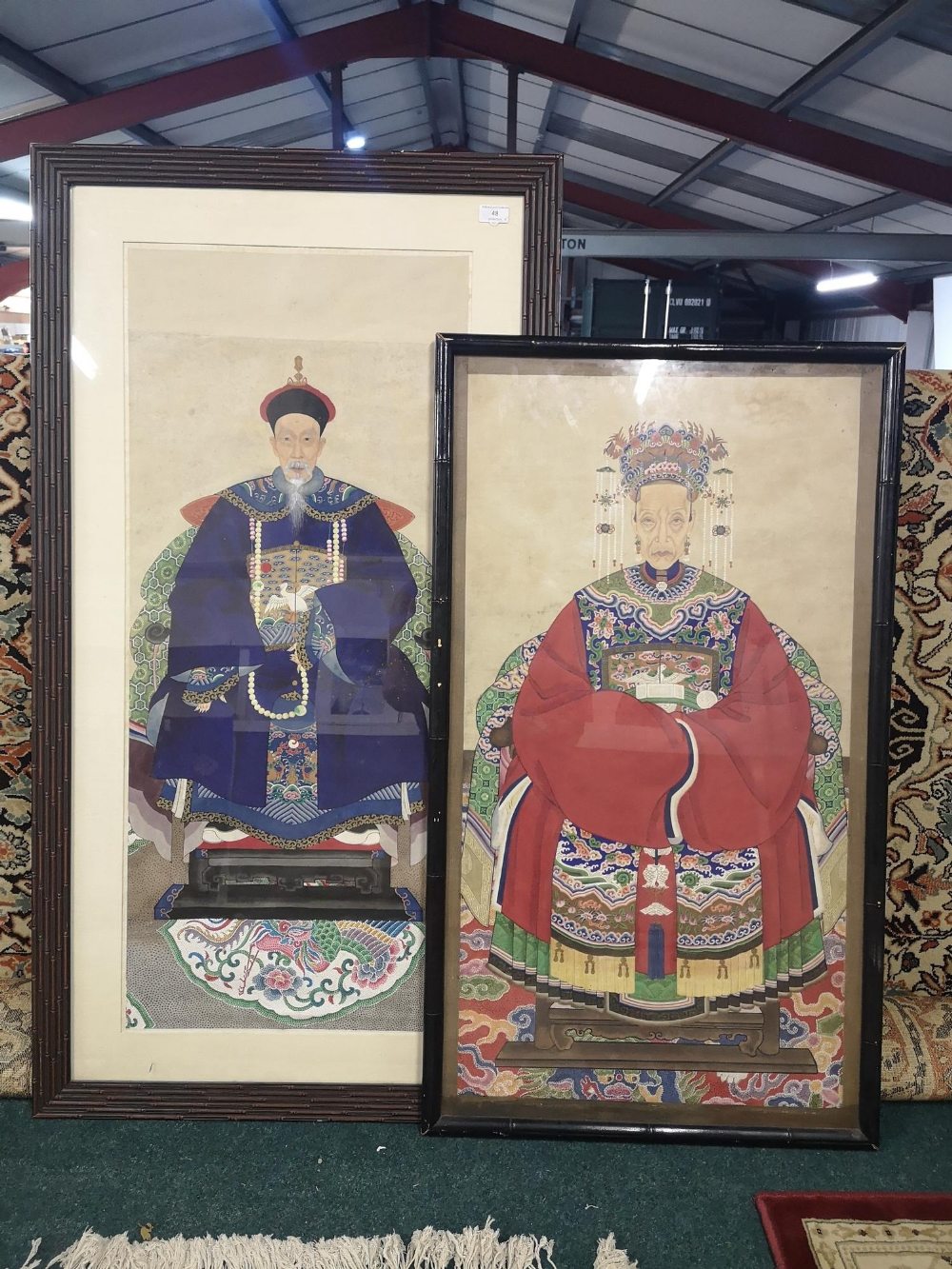 Late 19th C Chinese scroll ancestral watercolour portrait, framed and mounted in faux bamboo