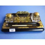Victorian Coromandel wood brass mount desk set with recessed pen trays, central brass handle and