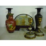 Cased Chinese landscape cork model (15.5cm high), a Cloisonne dragon pattern vase, a pair of gilt