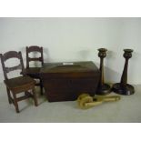 19th C rosewood two sectional tea caddy (A/F), a pair of early 20th C wooden candlesticks, a pair of