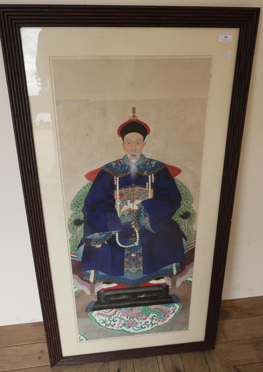 Late 19th C Chinese scroll ancestral watercolour portrait, framed and mounted in faux bamboo - Image 2 of 3