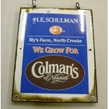 Enamel hanging farm sign with enamel sign to each side for H. E. Schulman Sly's Farm North Creake We