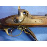 Victorian three band percussion cap rifle with fixed foresight and adjustable rear ladder sight,