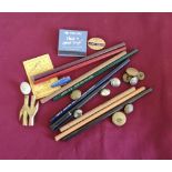 Box of various railway related pencils, buttons etc