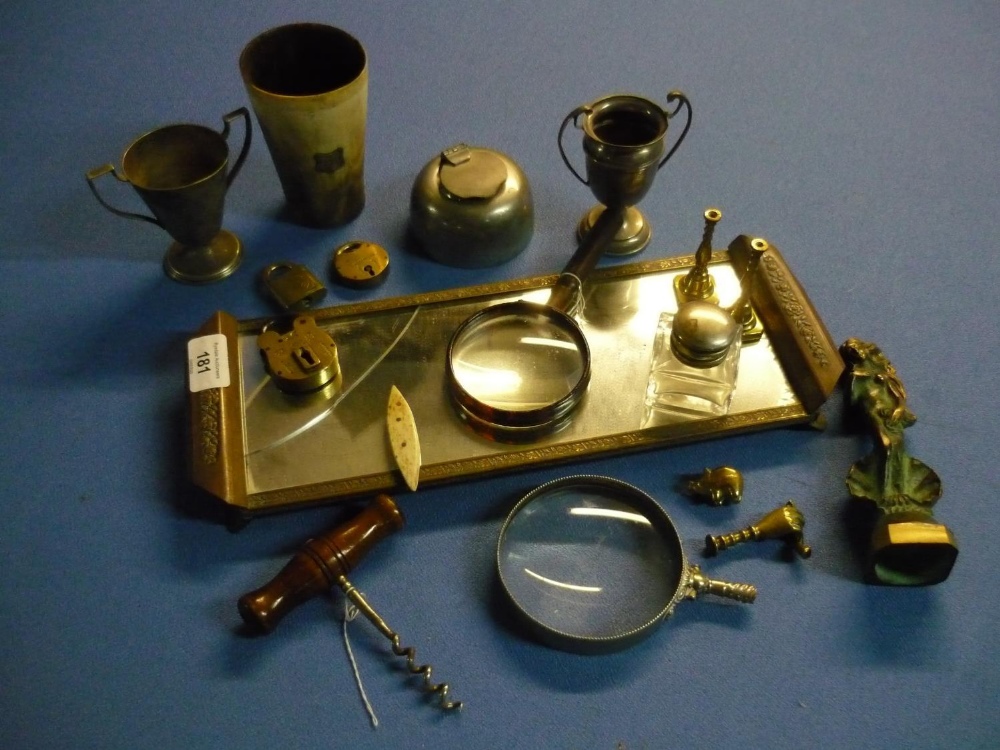 Collection of various items including twin handled mirrored tray, a 19th C Scottish cows horn