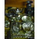 Box containing a selection of various silver plated ware including three piece tea set, various