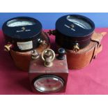Two leather cased galvo meters and a wooden cased Walters E.M. Co Ltd 1978 Q terminal dated 1940 (3)