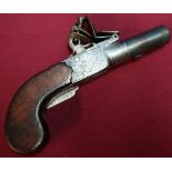 Early 19th C flintlock pocket pistol with 1 1/2 inch turn off barrel, various proof marks and