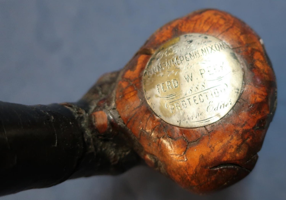 19th C Irish Shillelagh wooden club inset with white metal engraved presentation disk inscribed ' - Image 2 of 3