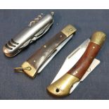 Single bladed Rost Frei pocket knife with brass mounts, another combination fork pocket knife &