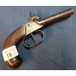 Percussion cap double barrelled side by side pocket pistol with 2 3/4 inch barrels, the underside