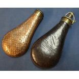 Leather bodied powder flask and a Dixon copper bodied flask (lacking spout) (2)