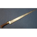 19th C Khyber knife with 21 inch tapering blade stamped with impressed mark, with brass mounts and