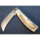 Sheffield made pruning type knife with 2 1/2 inch blade and two piece Sambar horn grip