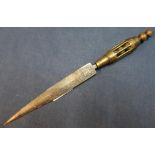 Late 19th C dagger type knife with 6 1/2 inch part double edged blade with engraved detail marked