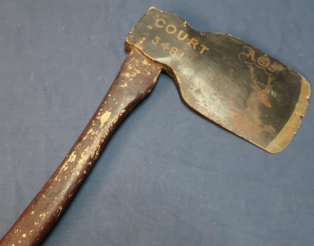 Carved wood Masonic type lodge axe with lacquered and painted detail, with stags head crest marked