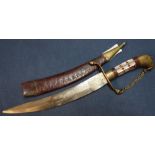 Early 20th C Eastern style dagger with 8 inch slightly curved blade with engraved detail, with brass