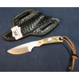 Ray Mears Woodlore 2 1/4 inch bladed sheath knife with two piece antler grips, leather lanyard and