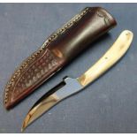 Harry Boden 2 1/2 inch slightly curved bladed sheath knife with two piece Sambar horn grips and