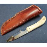 Harry Boden 2 inch bladed knife with two piece Samber horn grips and tooled leather sheath