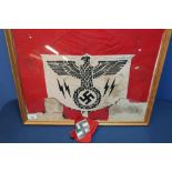 Framed and mounted German Nazi Third Reich part flag/pennant (54cm x 44cm) (damaged) and a