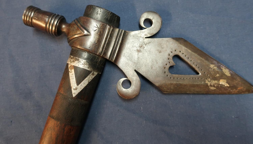 North American Indian pipe axe, the engraved steel head with double edged point with central heart - Image 2 of 3