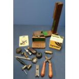 Selection of reloading equipment including powder measures, bullet moulds, nipple wrenches,