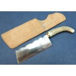 Sheffield made hatchet with 6 1/2 inch blade and Sambar horn grip, complete with leather sheath