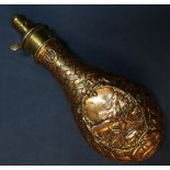 G & J. W Hawksley of Sheffield brass powder flask with basket weave detail and central panel of stag