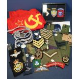 Selection of various assorted British and other military insignia including Soviet style flag, Civil