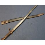 British 1853 pattern sword bayonet with 22 3/4 inch blade stamped with knights head monogram (damage